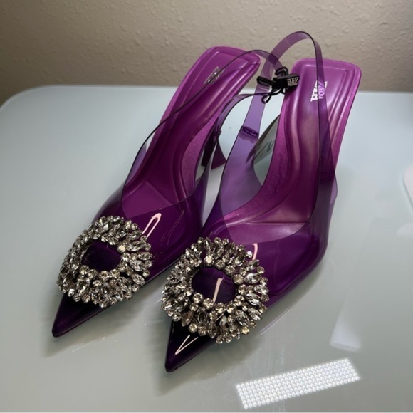 Blogger Trending Favorite Zara Embellished Vinyl Slingback Heels Rhinestones NWT - Picture 3 of 9